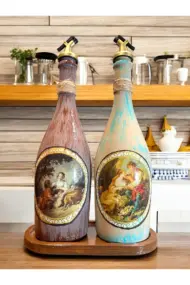 Özel Tasarım Vintage Desenli Sunum Stantlı 2'li 750 ml Zeytinyağı Sıvıyağ Şişesi Yağdanlık Yağlık