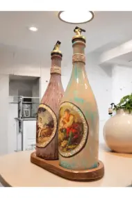 Özel Tasarım Vintage Desenli Sunum Stantlı 2'li 750 ml Zeytinyağı Sıvıyağ Şişesi Yağdanlık Yağlık - Görsel 4