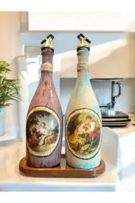Özel Tasarım Vintage Desenli Sunum Stantlı 2'li 750 ml Zeytinyağı Sıvıyağ Şişesi Yağdanlık Yağlık - Görsel 8