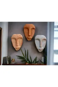 El Yapımı Taş Heykel Soyut Yüz Maske 3'li Set, Modern beton,eskitme taş görünümlü duvar dekor - Görsel 4