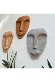 El Yapımı Taş Heykel Soyut Yüz Maske 3'li Set, Modern beton,eskitme taş görünümlü duvar dekor - Görsel 5