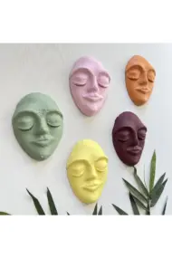 El Yapımı Duvar Maskları 5'li Set, Canlı Renklerle Boyalı Sakin Yüz Maskeleri, Duvar Dekor Objesi - Görsel 4
