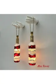 Kadın El Heykeli Dekorlu Peri LED Işıklı Kırmızı Beyaz Vitray Boyama Şampanya Şişesi Aplik 2'li Set - Görsel 3