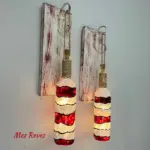 Peri Led Işıklı Ahşap Dekorlu, Vitray El Boyama Kırmızı beyaz Renkli Şarap Şişesi Aplik 2 'li Set