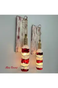 Peri Led Işıklı Ahşap Dekorlu, Vitray El Boyama Kırmızı beyaz Renkli Şarap Şişesi Aplik 2 'li Set