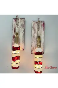 Peri Led Işıklı Ahşap Dekorlu, Vitray El Boyama Kırmızı beyaz Renkli Şarap Şişesi Aplik 2 'li Set - Görsel 2