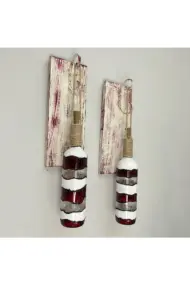 Peri Led Işıklı Ahşap Dekorlu, Vitray El Boyama Kırmızı beyaz Renkli Şarap Şişesi Aplik 2 'li Set - Görsel 5