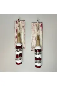 Peri Led Işıklı Ahşap Dekorlu, Vitray El Boyama Kırmızı beyaz Renkli Şarap Şişesi Aplik 2 'li Set - Görsel 6