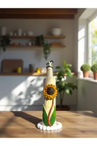 500 ml El Yapımı Orta boy Ayçiçek Desenli Cam Yağdanlık – Çatlatma Dokulu, Kabartma Kil Uygulamalı - Görsel 7