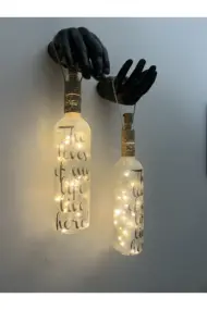 Siyah Erkek Eli Heykeli Dekorlu Buzlu Cam Şarap Şişesi Tıpa Peri Led Işıklı Aplik 2 Li Set