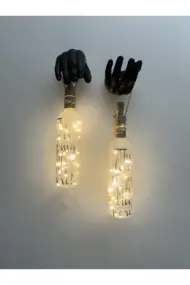 Siyah Erkek Eli Heykeli Dekorlu Buzlu Cam Şarap Şişesi Tıpa Peri Led Işıklı Aplik 2 Li Set - Görsel 2