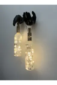 Siyah Erkek Eli Heykeli Dekorlu Buzlu Cam Şarap Şişesi Tıpa Peri Led Işıklı Aplik 2 Li Set - Görsel 3