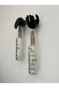 Siyah Erkek Eli Heykeli Dekorlu Buzlu Cam Şarap Şişesi Tıpa Peri Led Işıklı Aplik 2 Li Set - Görsel 6