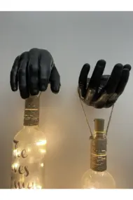 Siyah Erkek Eli Heykeli Dekorlu Buzlu Cam Şarap Şişesi Tıpa Peri Led Işıklı Aplik 2 Li Set - Görsel 7