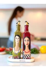 El Yapımı Sanatsal Yağdanlık Seti, Kadın Portreli Cam Şişe Tasarımı, Sirkelik & Sosluk - Görsel 2