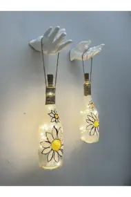 Kadın Eli Heykeli Dekorlu Peri LED Işıklı Papatya Desenli Vitray Boyama Şampanya Şişesi Aplik Set