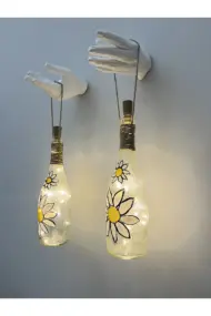 Kadın Eli Heykeli Dekorlu Peri LED Işıklı Papatya Desenli Vitray Boyama Şampanya Şişesi Aplik Set - Görsel 3