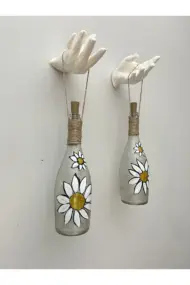 Kadın Eli Heykeli Dekorlu Peri LED Işıklı Papatya Desenli Vitray Boyama Şampanya Şişesi Aplik Set - Görsel 4