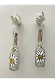 Kadın Eli Heykeli Dekorlu Peri LED Işıklı Papatya Desenli Vitray Boyama Şampanya Şişesi Aplik Set - Görsel 5