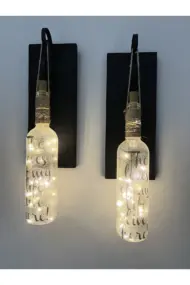 Siyah Ahşap Dekorlu Ferforje Bağlantılı Peri Led Buzlu Cam Şarap Şişesi Aplik Set - Görsel 2