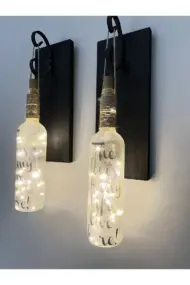 Siyah Ahşap Dekorlu Ferforje Bağlantılı Peri Led Buzlu Cam Şarap Şişesi Aplik Set - Görsel 3