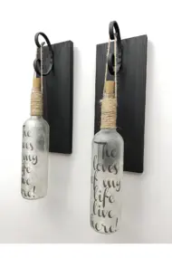 Siyah Ahşap Dekorlu Ferforje Bağlantılı Peri Led Buzlu Cam Şarap Şişesi Aplik Set - Görsel 6