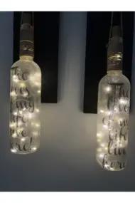Siyah Ahşap Dekorlu Ferforje Bağlantılı Peri Led Buzlu Cam Şarap Şişesi Aplik Set - Görsel 8