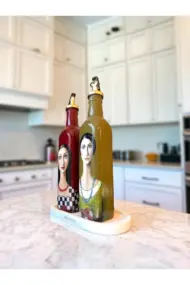 El Yapımı Sanatsal Yağdanlık Seti, Kadın Portreli Cam Şişe Tasarımı, Sirkelik & Sosluk - Görsel 5