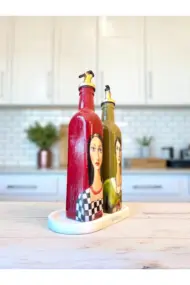 El Yapımı Sanatsal Yağdanlık Seti, Kadın Portreli Cam Şişe Tasarımı, Sirkelik & Sosluk - Görsel 6