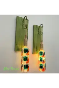 Peri Led Aydınlatma Yeşil Ahşap Dekorlu, Vitray El Boyama Turuncu Desen Şarap Şişesi Aplik 2'li Set