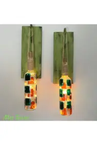 Peri Led Aydınlatma Yeşil Ahşap Dekorlu, Vitray El Boyama Turuncu Desen Şarap Şişesi Aplik 2'li Set - Görsel 2