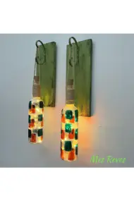 Peri Led Aydınlatma Yeşil Ahşap Dekorlu, Vitray El Boyama Turuncu Desen Şarap Şişesi Aplik 2'li Set - Görsel 3