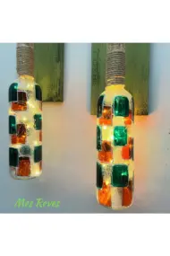 Peri Led Aydınlatma Yeşil Ahşap Dekorlu, Vitray El Boyama Turuncu Desen Şarap Şişesi Aplik 2'li Set - Görsel 4
