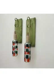 Peri Led Aydınlatma Yeşil Ahşap Dekorlu, Vitray El Boyama Turuncu Desen Şarap Şişesi Aplik 2'li Set - Görsel 7