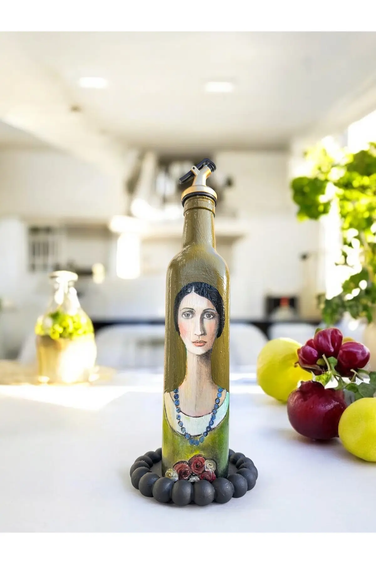 4273568651de7b7809-img-1_org_zoom 500 ML El Yapımı Kadın Portreli Cam Yağdanlık | Sosluk, Sirkelik, Mutfak & Sofra Aksesuarı, Yeşil - Görsel 1
