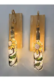 Peri Led Aydınlatma Sarı Ahşap Dekorlu, Vitray El Boyama Ayçiçekli Şarap Şişesi Aplik 2 'li Set. - Görsel 3