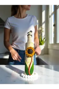 500 ml El Yapımı Orta boy Ayçiçek Desenli Cam Yağdanlık – Çatlatma Dokulu, Kabartma Kil Uygulamalı - Görsel 8