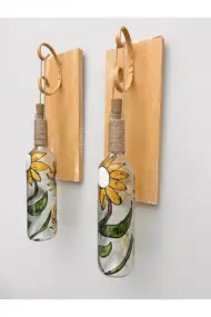 Peri Led Aydınlatma Sarı Ahşap Dekorlu, Vitray El Boyama Ayçiçekli Şarap Şişesi Aplik 2 'li Set. - Görsel 6