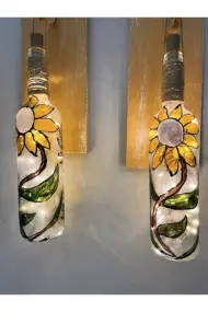 Peri Led Aydınlatma Sarı Ahşap Dekorlu, Vitray El Boyama Ayçiçekli Şarap Şişesi Aplik 2 'li Set. - Görsel 7