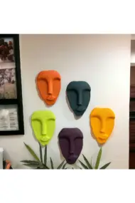 El Yapımı Taş Heykel Soyut Yüz Maske 5'li Set, Modern Yeşil, Mor Renkli Soyut Duvar Dekoru
