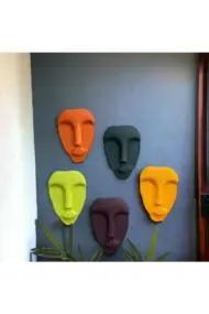 El Yapımı Taş Heykel Soyut Yüz Maske 5'li Set, Modern Yeşil, Mor Renkli Soyut Duvar Dekoru - Görsel 2