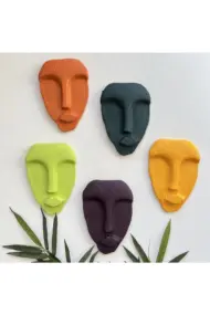 El Yapımı Taş Heykel Soyut Yüz Maske 5'li Set, Modern Yeşil, Mor Renkli Soyut Duvar Dekoru - Görsel 3