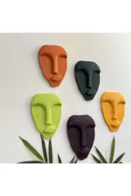 El Yapımı Taş Heykel Soyut Yüz Maske 5'li Set, Modern Yeşil, Mor Renkli Soyut Duvar Dekoru - Görsel 4