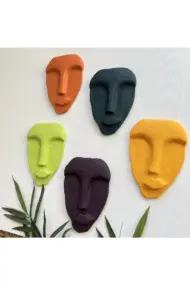El Yapımı Taş Heykel Soyut Yüz Maske 5'li Set, Modern Yeşil, Mor Renkli Soyut Duvar Dekoru - Görsel 5