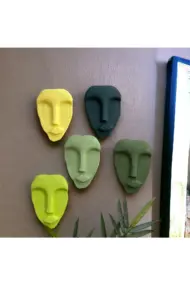 El Yapımı Taş Heykel Soyut Yüz Maske 5'li Set, Modern Yeşil Renkli Soyut Duvar Dekoru