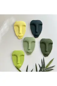 El Yapımı Taş Heykel Soyut Yüz Maske 5'li Set, Modern Yeşil Renkli Soyut Duvar Dekoru - Görsel 4