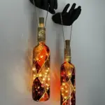 Heykel Siyah El Dekorlu Led Işıklı Kahve Vitray Cam Şarap Şişesi Aplik 2'li set Cafe Bahçe Ev Dekoru