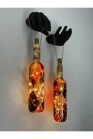 Heykel Siyah El Dekorlu Led Işıklı Kahve Vitray Cam Şarap Şişesi Aplik 2'li set Cafe Bahçe Ev Dekoru