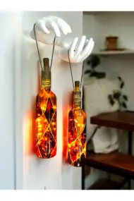 Heykel El Dekorlu Led Işıklı kahverengi Vitray Cam Şarap Şişesi Aplik 2'li set Cafe Bahçe Ev Dekoru