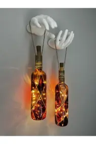 Heykel El Dekorlu Led Işıklı kahverengi Vitray Cam Şarap Şişesi Aplik 2'li set Cafe Bahçe Ev Dekoru - Görsel 2